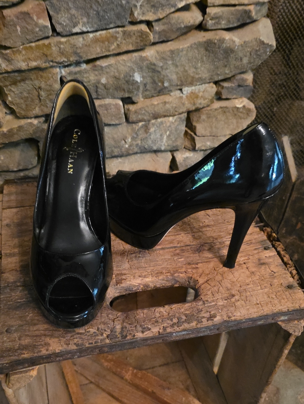 Cole Haan Black Patent Peep-Toe Pumps with Stiletto Heel